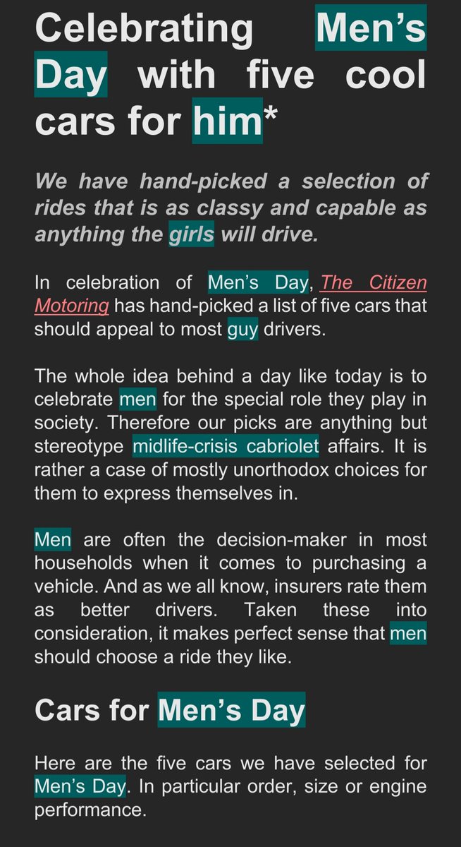 AutoPrincessZA's tweet image. This piece appeared on The Citizen, on Women's Day. I've swapped the genders to highlight the absurdity of this article if it was written by a woman for men. 
"Do better" is not an option in 2023, I'm calling you out @TheCitizen_News .

Original post: citizen.co.za/motoring/five-…