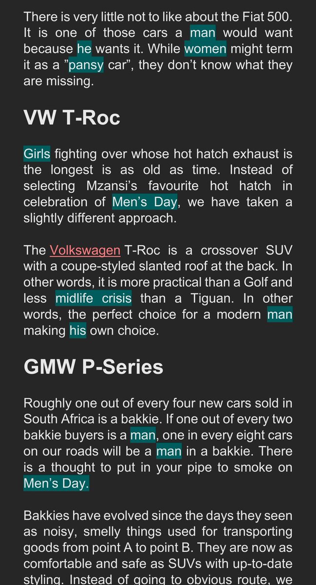 AutoPrincessZA's tweet image. This piece appeared on The Citizen, on Women's Day. I've swapped the genders to highlight the absurdity of this article if it was written by a woman for men. 
"Do better" is not an option in 2023, I'm calling you out @TheCitizen_News .

Original post: citizen.co.za/motoring/five-…