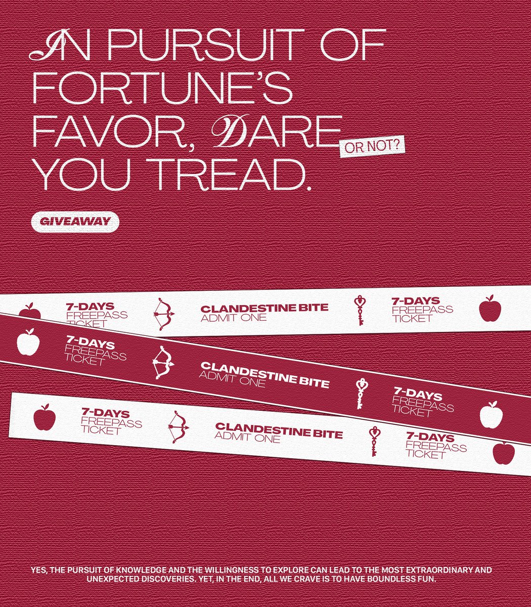 ClandestineBite's tweet photo. CHAPTER IV
“In pursuit of fortune’s favor, dare you tread. Mere chance won’t bow to hopes misled.” 
We’re giving away free tickets for one male and one female who want to have fun with us! So...what are you waiting for? We’ll wait until Aug 12th at 5PM. https://t.co/SbhIEuruFd