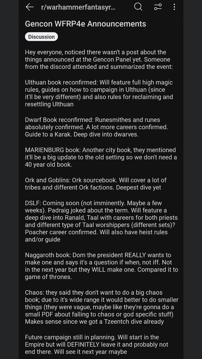 Lightofhandyt's tweet photo. Saw this on a Facebook group today hoping most of it it true if from the gen con seminar hoping cubicle 7 put something out soon themselves #warhammerrpg #WHFRPG #WFRPG #rpg https://t.co/KT0D9Lj41A