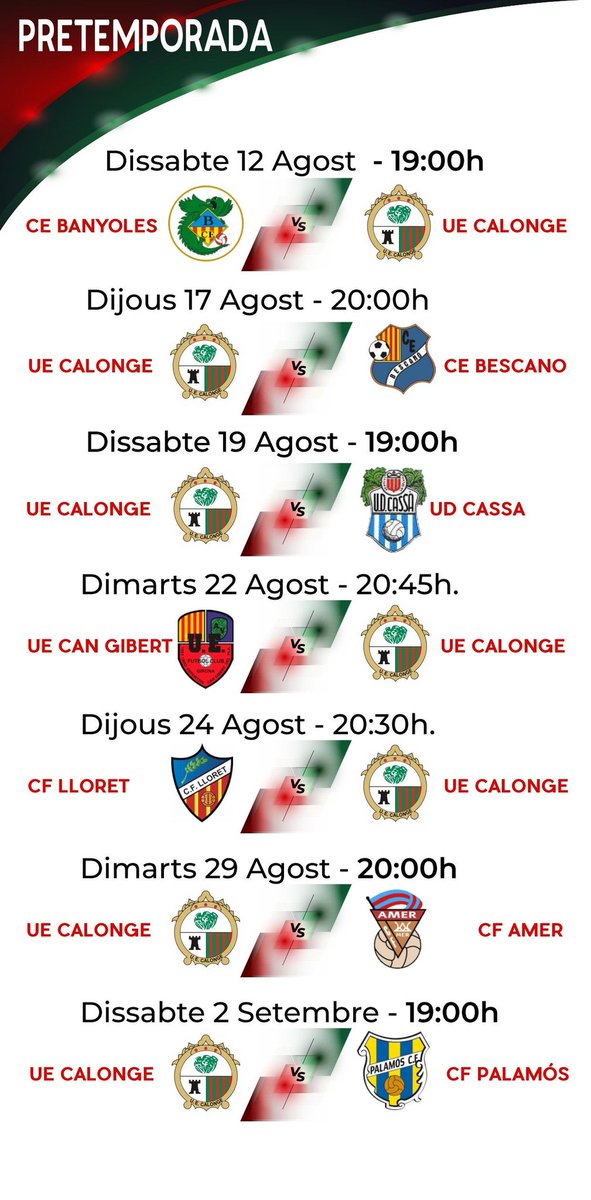 ue_calonge's tweet photo. Calendari de partits de pretemporada. Iniciem demà a les 19:00h al camp municipal de Banyoles. https://t.co/PWBOMPGlMX
