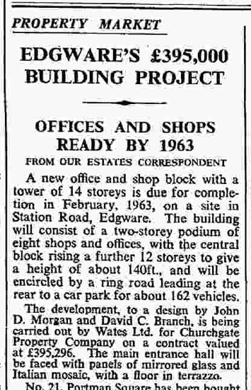 Edgware development 60 years ago. 

Equitable House later became Premier House and has recently been converted to housing rather than offices.

From The Times archive 1961 and 1962