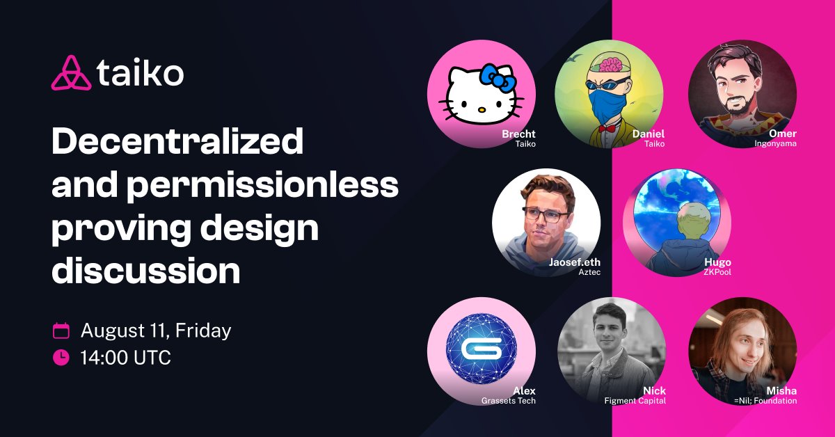 taikoxyz's tweet photo. We're excited to share that @nemothenoone from @nil_foundation joins our discussion "Decentralized and permissionless proving design"!

He'll talk about the =nil; Foundation perspective, updates, and vision of proof markets 🤓

See you in 6 hours!
Venue: https://t.co/TWj0geurXg https://t.co/E4tURhUHYH