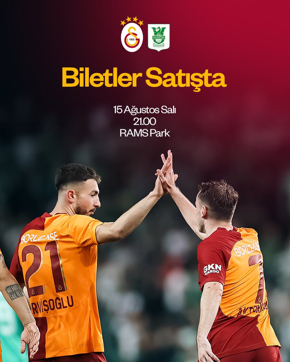 🦁 HAYDİ BÜYÜK GALATASARAY TARAFTARI! 🔥

🏟️ UEFA Şampiyonlar Ligi Üçüncü Eleme Turu rövanşında NK Olimpija Ljubljana ile 15 Ağustos Salı günü saat 21.00’de evimizde oynayacağımız maçın biletleri GENEL SATIŞTA! 🎫

🛒 Satın almak için 👉 bit.ly/GSvNOLBilet

#GSvNOL #UCL