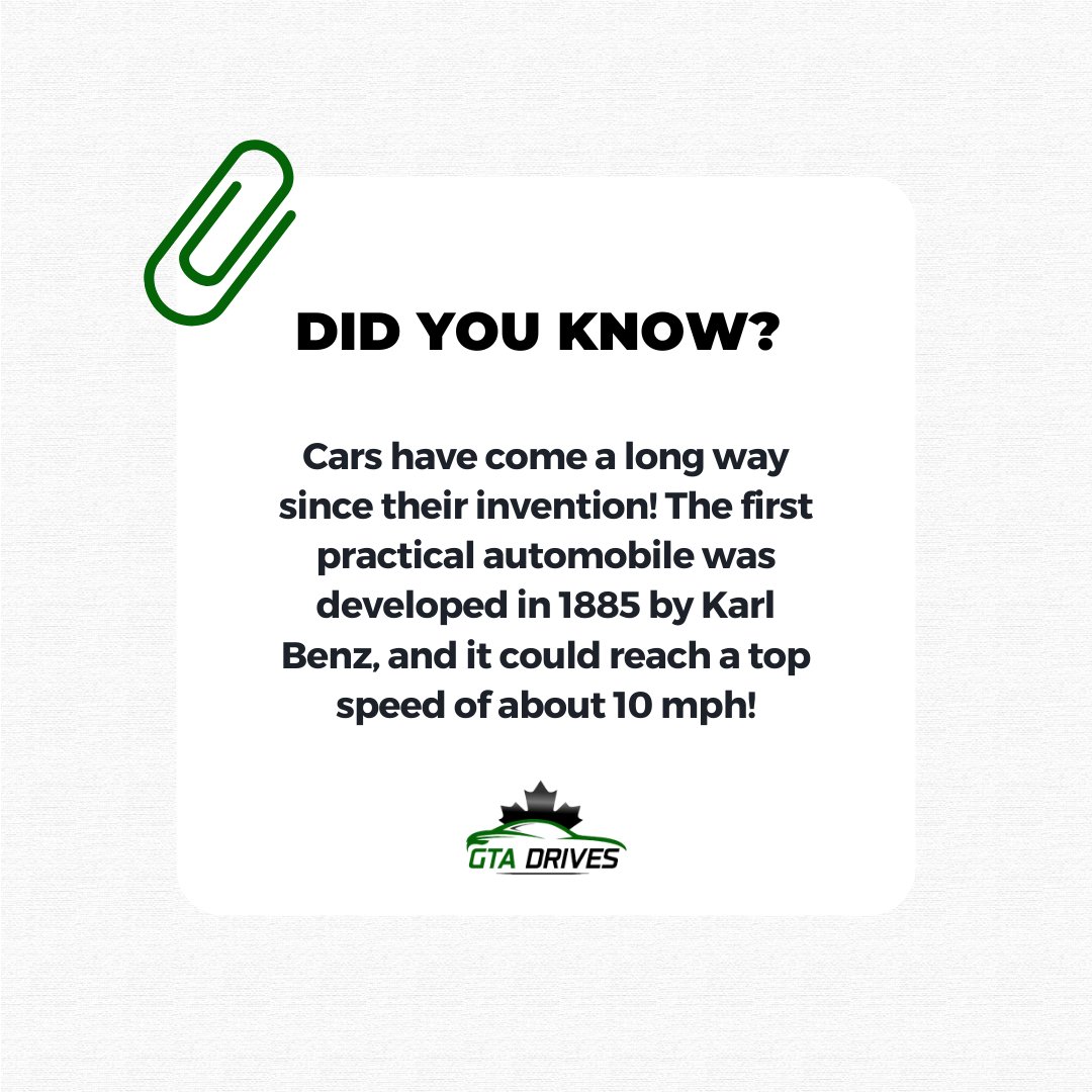 gtadrives's tweet image. 🚗💨 Did you know? 💨🚗 

Cars have come a long way since their invention! The first practical automobile was developed in 1885 by Karl Benz, and it could reach a top speed of about 10 mph! 

#autocredit #carfinancing #dreamcargoals