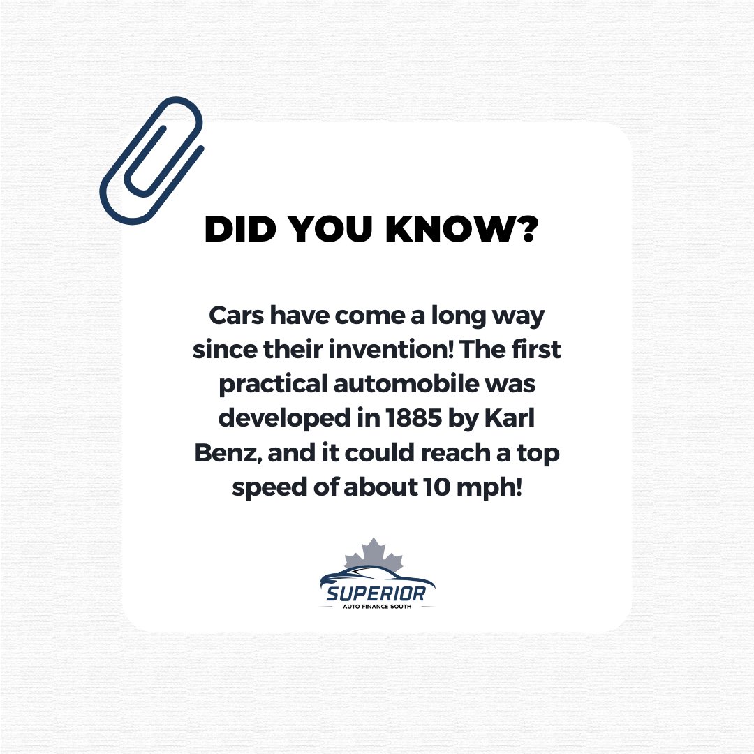 AutoFinSuperior's tweet image. 🚗💨 Did you know? 💨🚗 

Cars have come a long way since their invention! The first practical automobile was developed in 1885 by Karl Benz, and it could reach a top speed of about 10 mph! 

#autocredit #carfinancing #dreamcargoals