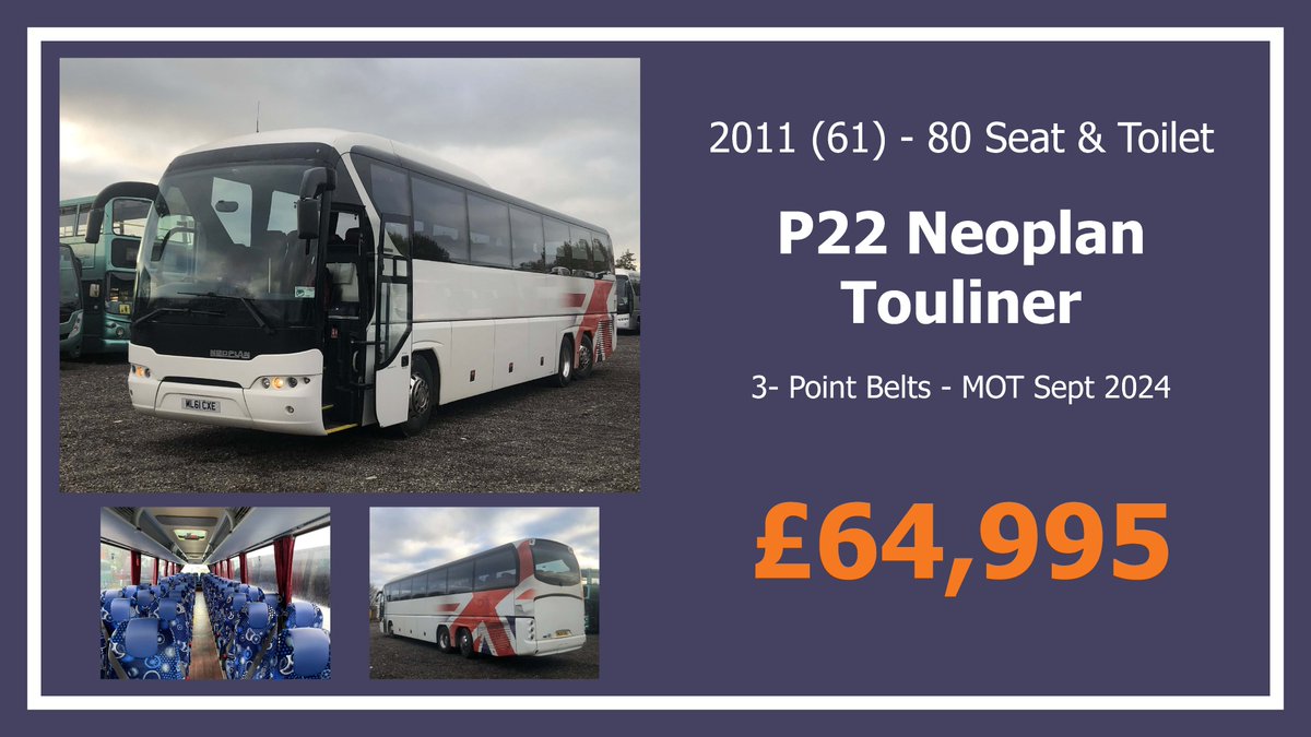 basecoachsales's tweet photo. From the BASE Weekly Today!

Vehicles Include:
2005 - DAF Wright Gemini - 73 Seats
2009 - Bova Futura FH - 70 Seats
2011 (61) - P22 Neoplan Tourliner - 80 Seat &amp; Toilet
2011 - Neoplan Touliner - 70 Seats

Prices are subject to VAT at the prevailing rate.

Contact us for Details. https://t.co/fBtAsb9MpY