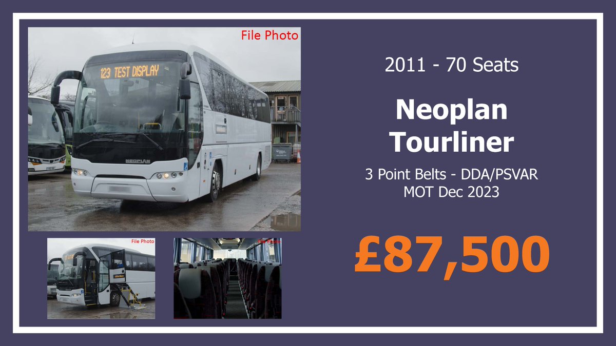 basecoachsales's tweet photo. From the BASE Weekly Today!

Vehicles Include:
2005 - DAF Wright Gemini - 73 Seats
2009 - Bova Futura FH - 70 Seats
2011 (61) - P22 Neoplan Tourliner - 80 Seat &amp; Toilet
2011 - Neoplan Touliner - 70 Seats

Prices are subject to VAT at the prevailing rate.

Contact us for Details. https://t.co/fBtAsb9MpY