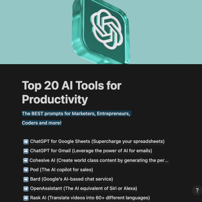AIToolReport's tweet photo. The only ChatGPT guide you'll ever need.

Go from beginner to pro with the ultimate ChatGPT Cheat Sheet.