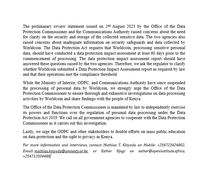 🔍📢 Urgent Call for Transparency! <a href="/AmnestyKenya/">Amnesty Kenya</a> &amp; <a href="/Open_Institute/">Open Institute</a> call for impartial investigations into Worldcoin’s data processing activities in Kenya. Recent events unveil data protection gaps. #DataProtection #KenyaDataBreach #FichaUchi amnestykenya.org/odpc-must-ensu…