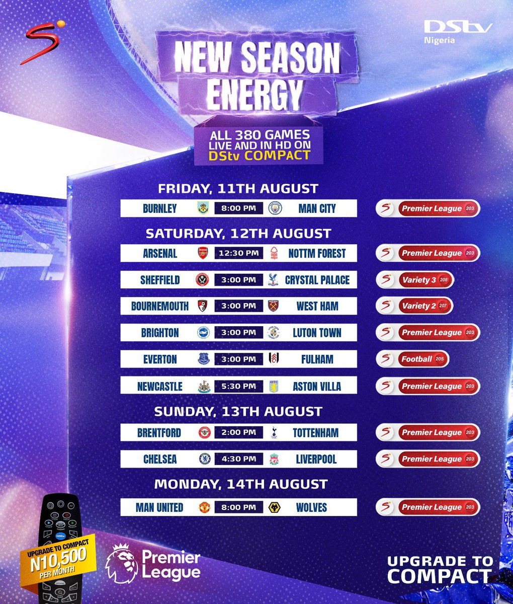 DStvNg's tweet photo. The new football season kicks off this today! 🔥⚽️
Catch the craziest lineups live and in HD, exclusively on @supersporttv channels. It's game time like never before! 🙌🏆
#FootballFrenzy #KickOffExcitement #premierleagueallondstv #dstv #supersport https://t.co/B61OYCBlx1