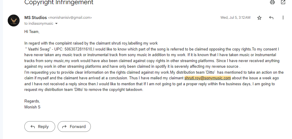 msstudiosoffl's tweet photo. @spotifyartists @Spotify @Dittomusic 
@sonymusicindia
Received an email from @sonymusic @sonymusicindia stating that our song #vaathiswag is blocked on my distributor #ditto due to content infringement. They've also withheld revenue. Tried resolving for a month, but  unresponsive https://t.co/mDPU6vANRQ