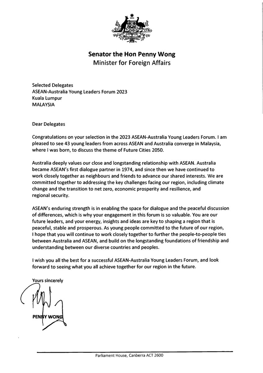 AusASEANyouth's tweet photo. 🌟 We are incredibly honoured to receive an empowering message of hope and trust towards the youth of the ASEAN and Australia regions from the Hon. Penny Wong for the 2023 ASEAN-Australia Young Leaders Forum, which took place in Malaysia!
#AASYP #AAYLF2023 #FutureCities https://t.co/MaJvqgPeT4