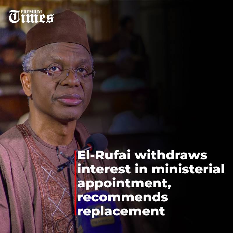 PremiumTimesng's tweet photo. Presidency sources said Mr El-Rufai told President Tinubu at a meeting on Tuesday that he was no longer interested in becoming a minister but would continue to contribute his quota to the development of Nigeria as a private citizen. https://t.co/ZE7e7cwVLI https://t.co/DUGymIGtCx
