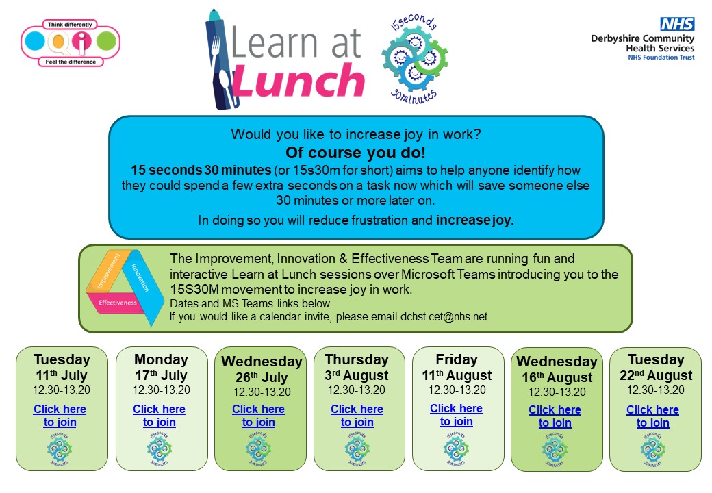 15 Seconds 30 Minutes session today at 12:30 on MS Teams💻
Join us to find out ways you can reduce frustration and increase joy in work 😄
Click here to join- bit.ly/44Zyis0
<a href="/DCHStrust/">Derbyshire Community Health Services NHS FT</a> <a href="/JucdWellbeing/">JUCD Wellbeing</a> <a href="/RoyalAcademyIm1/">Royal Academy of Improvement</a> <a href="/15s30m/">15 seconds 30 minutes 💙</a>