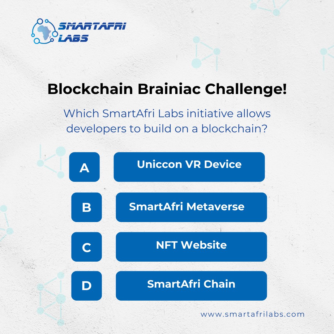 SmartAfriLabs's tweet image. It&apos;s Quiz time! 💃💫🕺

Swipe: Let&apos;s see the first person to answer both questions correctly.

You can also share your blockchain knowledge with friends! Via your social media 📚✨ 

#SmartAfriLabs #BlockchainQuiz
#blockchaintechnology
#blockchaintechnology #BlockchainDevelopers