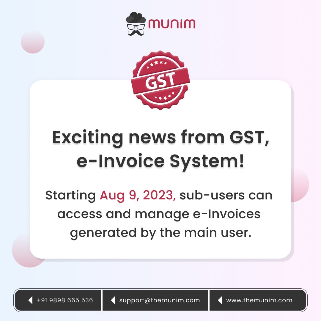 munimerp's tweet photo. 📢 Big news from the GST e-Invoice System! Starting Aug 9, 2023, the game's changing. 🚀
Collaboration just got a major upgrade! 🙌

#gst #gstinvoiceupdate #einvoice #finance #accountingupdates #accoutingsoftware #munim https://t.co/zQzdapR3hi