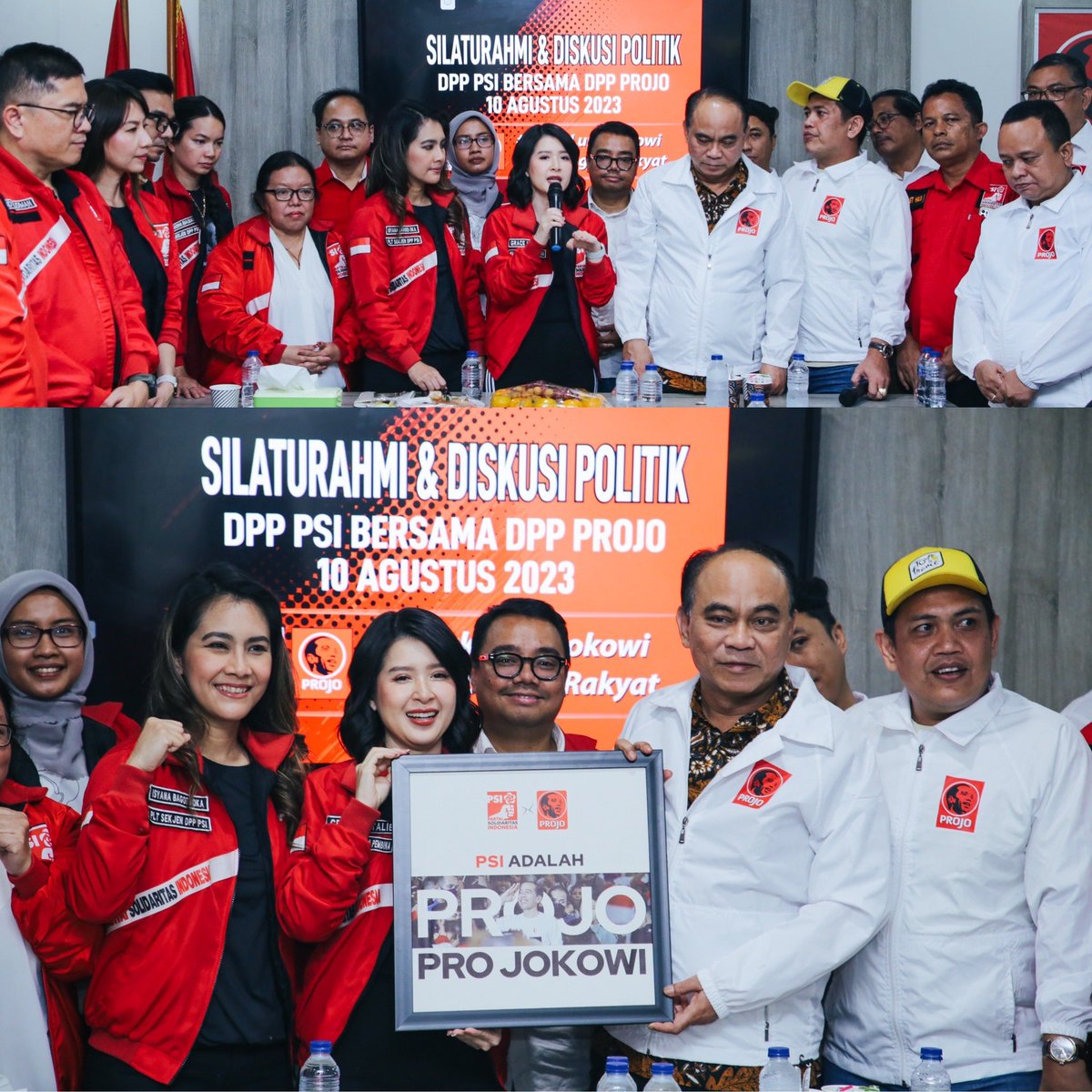 psi_id's tweet photo. PSI adalah Projo, karena PSI Pro Jokowi!

"PSI menjalin silaturahmi dengan semua elemen bangsa untuk kemajuan bersama. Hari ini kami bertemu pimpinan DPP Projo. Selama ini kami sering berkomunikasi, akrab dan mesra." kata Wakil Ketua Dewan Pembina PSI, Grace Natalie, usai pertemuan, Kamis 10 Agustus 2023.

PSI berkeyakinan, partai politik dan relawan sama penting, tidak saling menafikan.