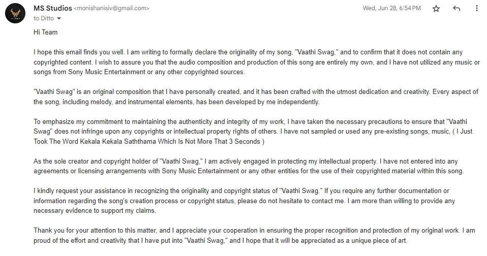 msstudiosoffl's tweet photo. @spotifyartists @Spotify @Dittomusic 
@sonymusicindia
Received an email from @sonymusic @sonymusicindia stating that our song #vaathiswag is blocked on my distributor #ditto due to content infringement. They've also withheld revenue. Tried resolving for a month, but  unresponsive https://t.co/mDPU6vANRQ