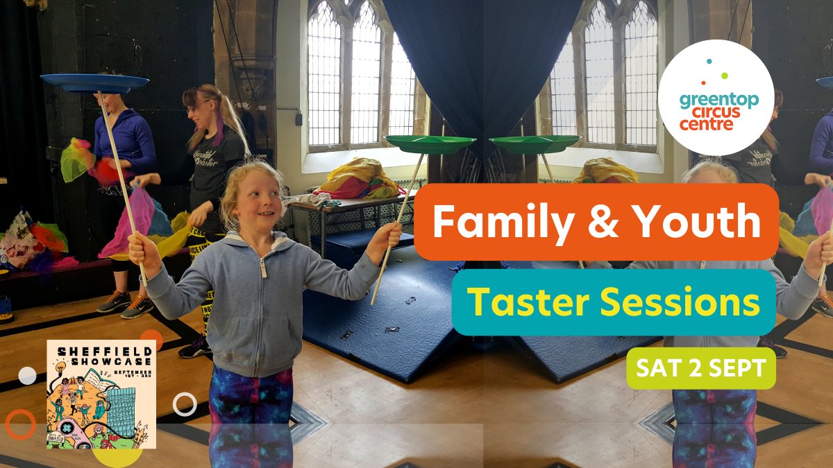 We're thrilled to invite families to try circus skills on Saturday 2nd Sept, as part of the #SheffieldShowcase. Come along to the Family Fun Circus Skills Session - 10 am – 11:30 am for £7 or Youth Aerial Skills Taster Session - 1:00 – 3:00 pm for £14. buff.ly/46a1KNn