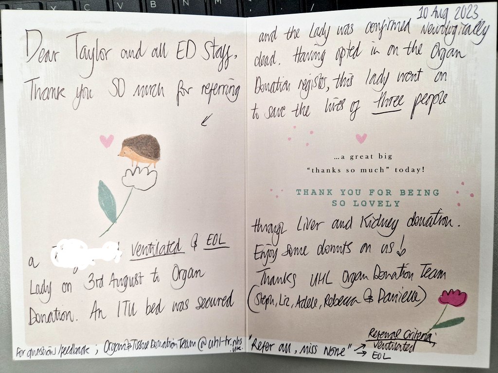 Out of a very sad situation, it turned into something positive.

Our ER team rang the organ donation line and saved 3 lives.

It's always worth referring 

<a href="/Leic_hospital/">Leicester's Hospitals</a> <a href="/UHLKerryJ/">Kerry Johnston</a> <a href="/RobinBinks/">Robin Binks</a> @HoggJulie <a href="/NHSOrganDonor/">NHS Organ Donation 💗🫀🫁</a> <a href="/OrganDonorFsa/">OrganDonorFoundation</a> <a href="/LRIEDEducation/">LRI ED Education Team 🚑</a>