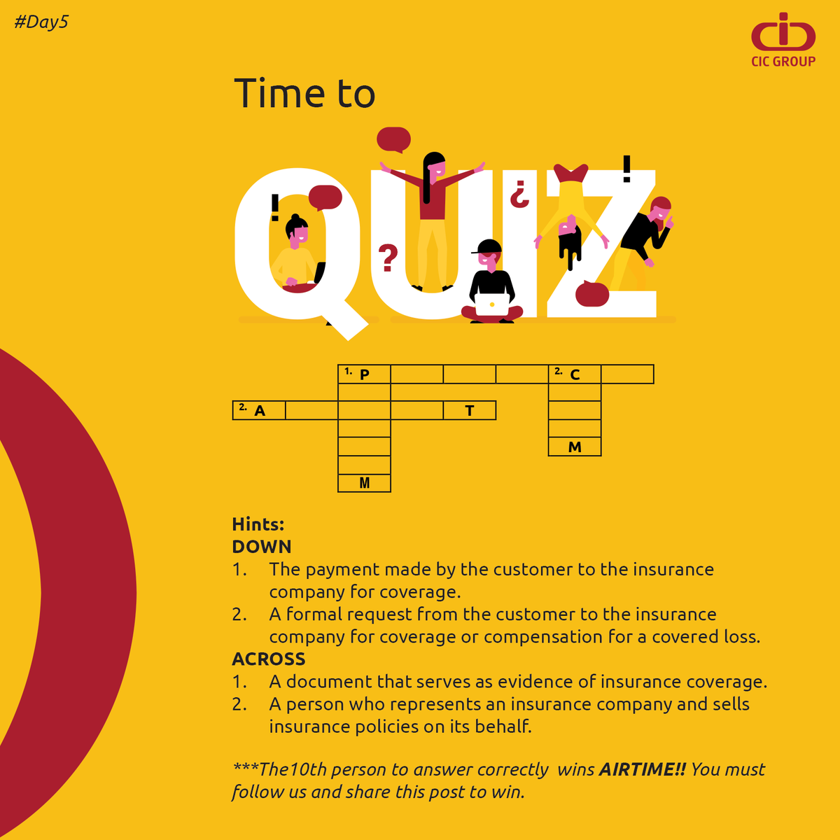CICGroupPLC's tweet photo. FINAL DAY OF #CICQUIZWEEK !π
Share the four words in the comment section below and stand a chance to win FREE AIRTIME!!!
Remember, you must follow our page and retweet this post to win. Good luck.π
#CICQuizWeek #Giveaway