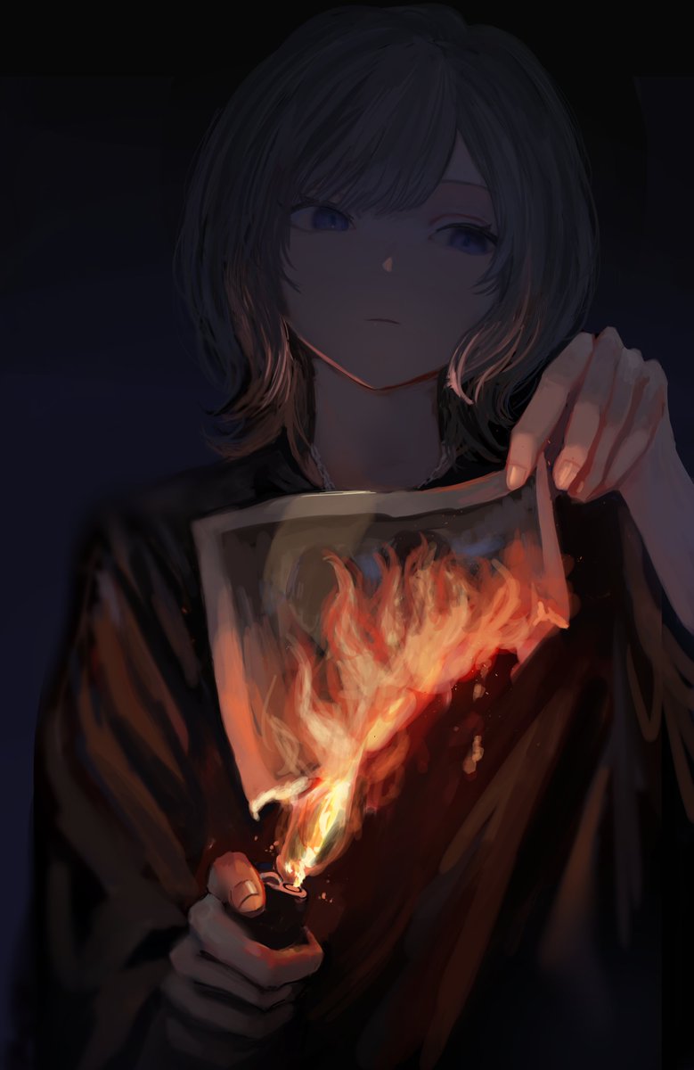 solo fire holding blue eyes shirt 1girl upper body  illustration images