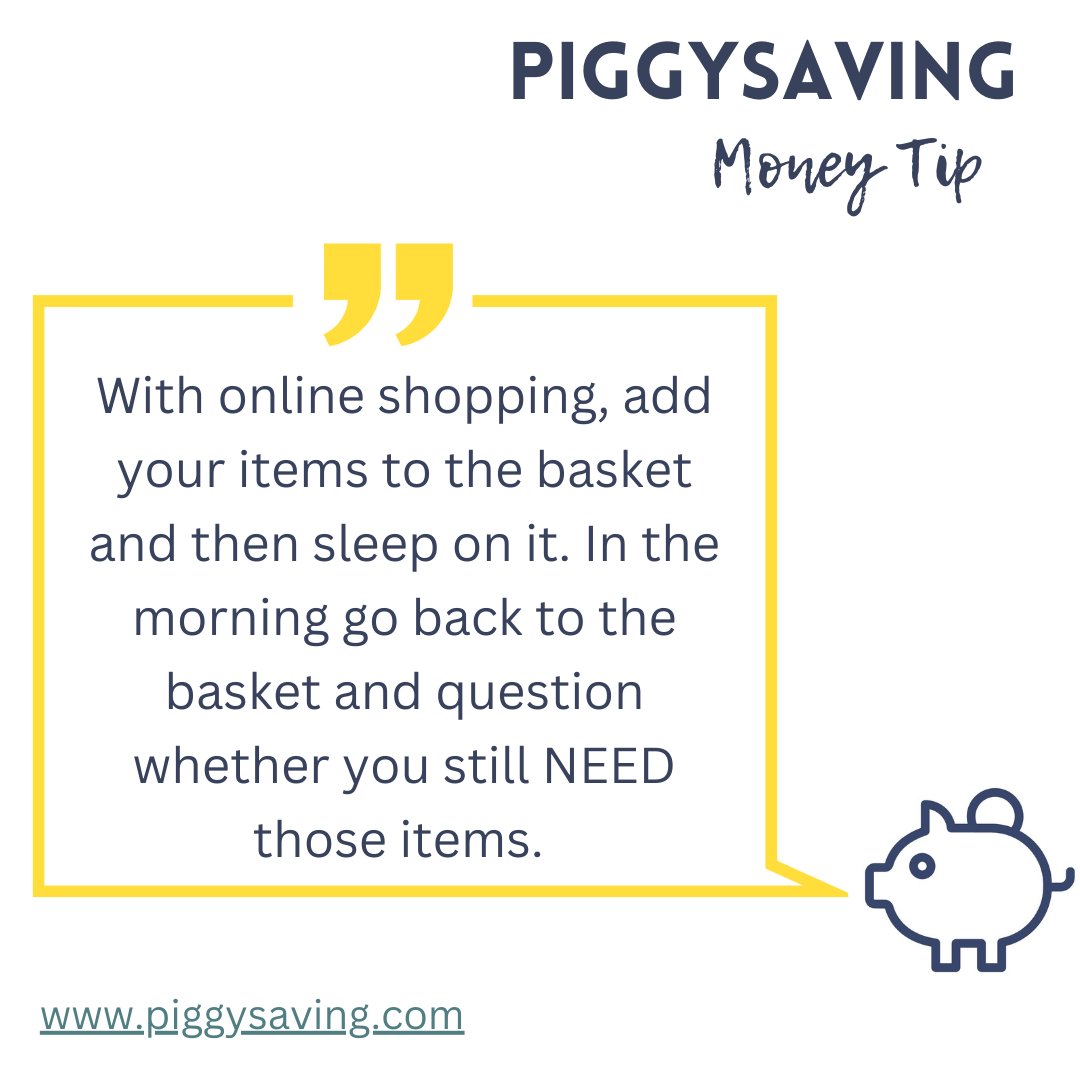 With online shopping, add your items to the basket and then sleep on it.  In the morning go back to the basket and question whether you still NEED those items.  #personalfinance #moneytips #intentionalbuying