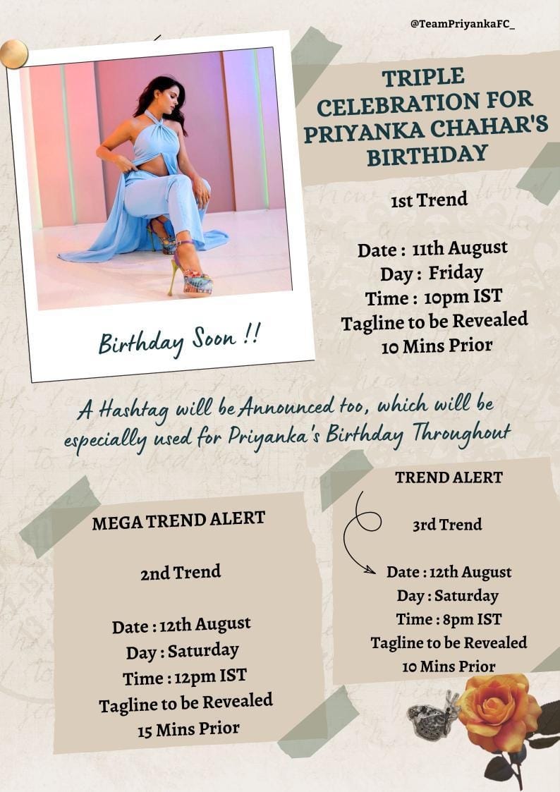 ⚪ BIRTHDAY BASH TRENDS ⚪

1st Trend - To Get the Tagline in List for 12:00am

2nd Trend - Mega Trend for Birthday

3rd Trend - Small Closure Activity 

A HT will also be Announced to use Throughout the Bday 

Queen <a href="/PriyankaChaharO/">Priyanka Chahar Choudhary</a>’s Bday ❤️

#PriyankaChaharChoudhary