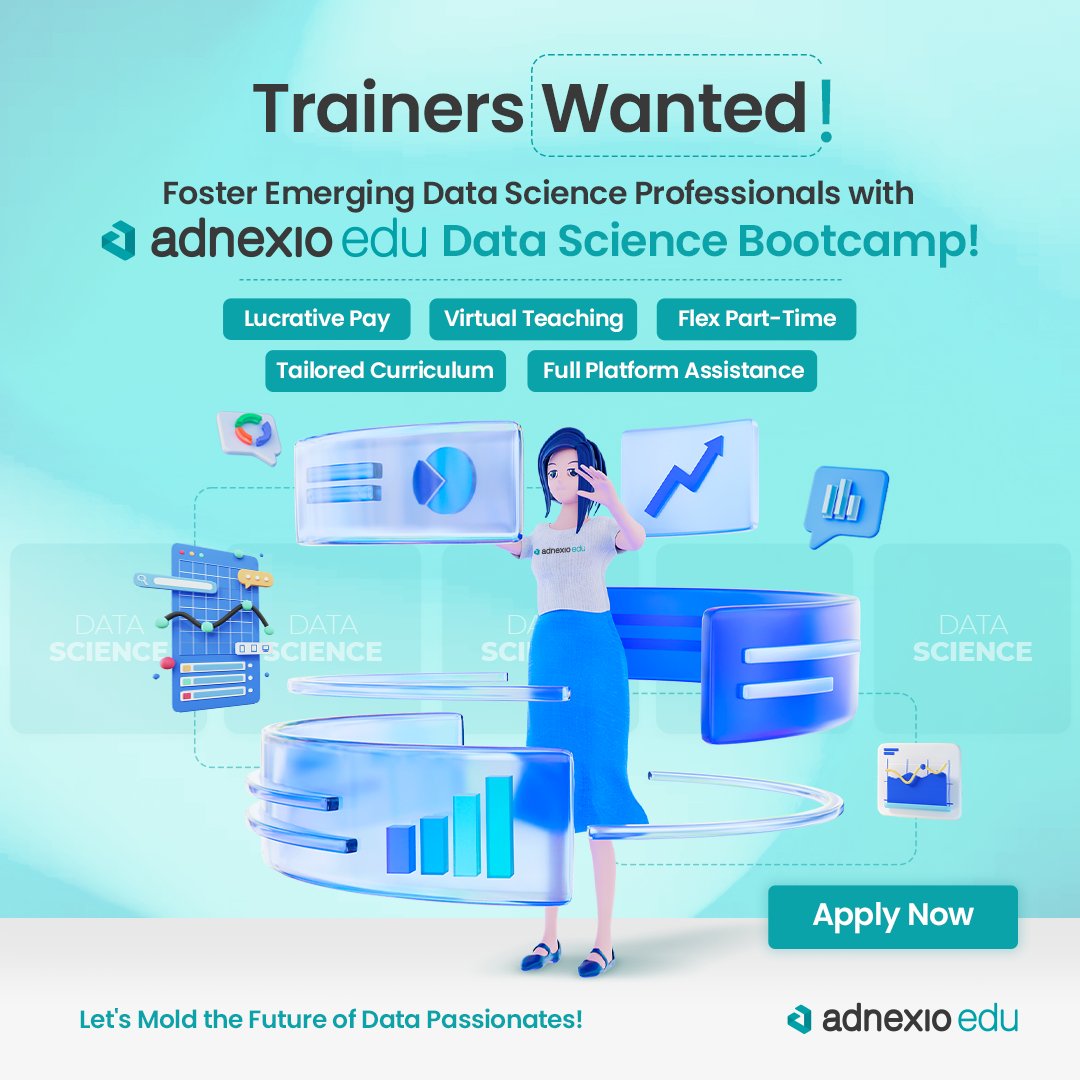 adnexio_'s tweet image. Calling Data Science Pros!🦸🏽
Join adnexioedu's Data Science Bootcamp as a trainer today!💪🏼
Shape the data future with your versatile analytics prowess🚀💻
Register Today!👇
forms.gle/HXb31xDxUv4Gaz…
#DataScienceBootcamp #DataScienceExperts #TechEducators #TeachDataScience