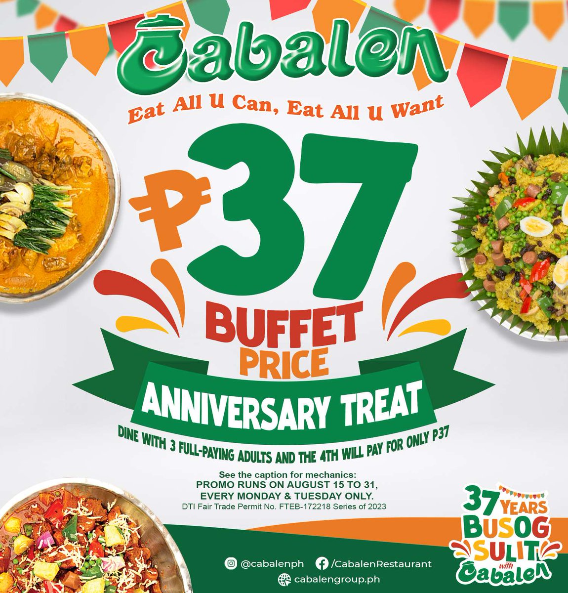 Eat-All-You-Can Buffet for only Php 37?😱✨ Don't miss out on Cabalen's 37 years of Busog Sulit promo until August 31 only. So dine in now at @sm_southmall and treat your squad in #AWorldOfExperienceAtSM! 😋🥘🍲 #EverythingsHereAtSM