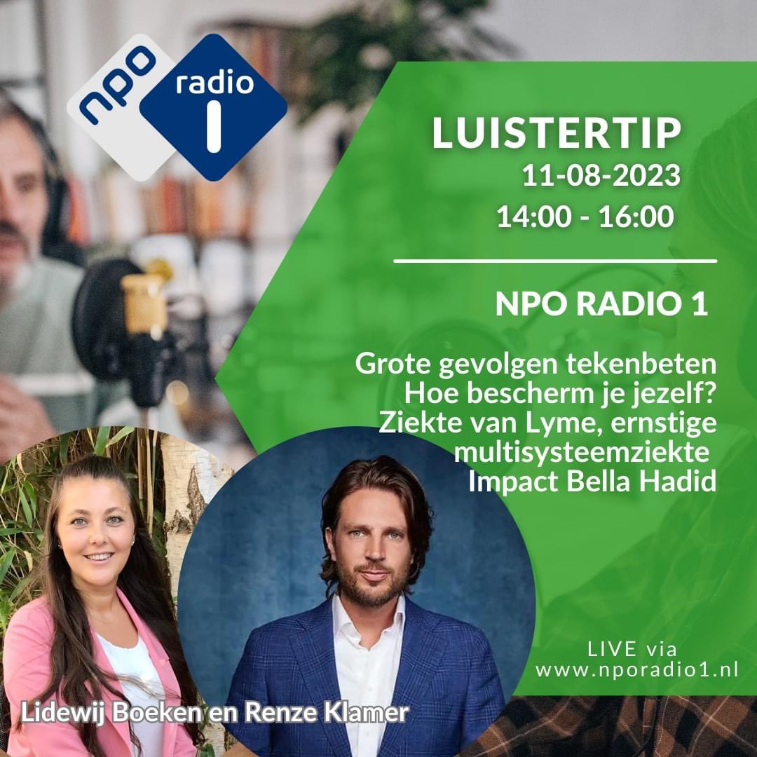 Lymevereniging's tweet photo. Vanmiddag 11-08 zal bestuurslid Lidewij Boeken in gesprek gaan met @renzeklamer op @NPORadio1 

#luistertip #ziektevanlyme #tekencheck #zomervakantie #bellahadid https://t.co/wjDgEzF4nw