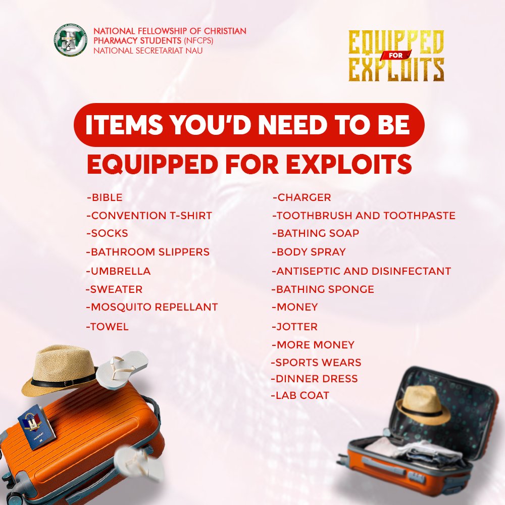 NfcpsNigeria's tweet photo. Hold up!
Yes you!🫵🏽
Here are the things you need to be *EQUIPPED FOR EXPLOITS* 🤩
No more no less 🤓
See you at the EXPLOIT GROUND 👐🏽
#Exploit'23
#NFCPS
#ChristTheTherapyForAll https://t.co/Bu1rebXWSC