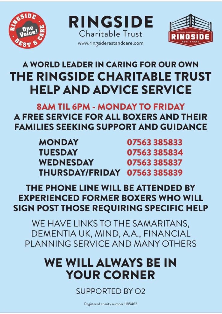 MbeDuke's tweet photo. A reminder of the ringside, charitable trusts, help line numbers https://t.co/KLkWrWQILW