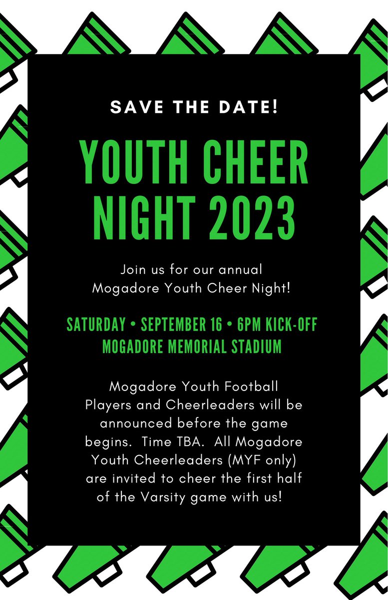Mogadore_Cheer's tweet photo. 📣 MOGADORE YOUTH CHEERLEADERS (MYF)!  If your cheerleader is interested in cheering with us for the first half of the HS Varsity game on Youth Night (Saturday, September 16), SAVE THE DATE!  We will also be having a Bake Sale if you would like to donate a baked good! https://t.co/sTVGyxWSi1