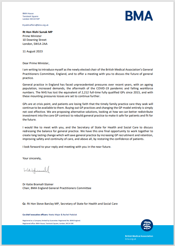 BMA_GP's tweet photo. "We have this one final opportunity to work together to  create long lasting change which will save general practice". 
GPC England Chair @doctor_katie has written to the Prime Minister today seeking a meeting to discuss redressing the balance of general practice. https://t.co/skXZiwgxE7
