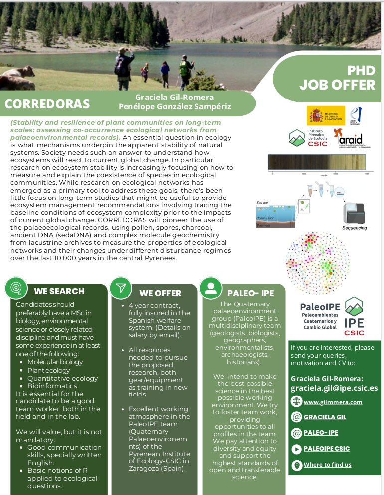 📢 PhD Job Offer We're offering a 4 year contract to do a PhD on ecological network resilience via reconstructing: bioceonosis, 🧪🧬🌳🌿☘️🐞🐜🦠🐢🐄 #disturbance 🔥⛈️🌡️❄️🌪️ #interactions 🪩 using lacustrine sequences from #Pyrenees Interested DM or check saco.csic.es/index.php/s/9k…