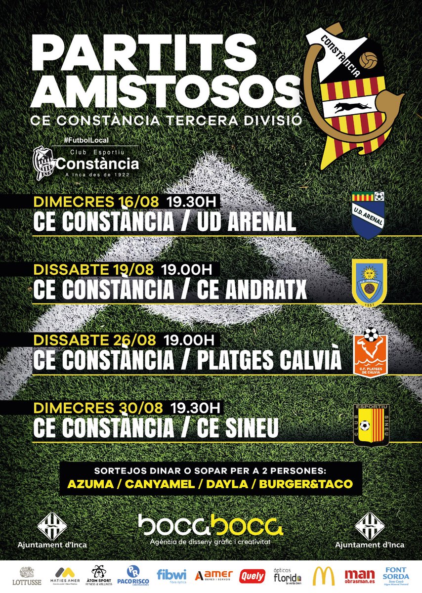 🙋🏻‍♂️Bon dia!

📝🏟️ Apunta els partits amistosos del Tercera RFEF a #Inca

👀 Hi haurà sortejos

🎫 També et podràs fer soci de la temporada 23/24

👇🏼👇🏼👇🏼