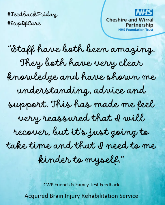 It's #FeedbackFriday!
A big shout out to our <a href="/cwpnhs/">Cheshire and Wirral Partnership NHS FT</a> Acquired Brain Injury Rehabilitation Service, and the brilliant work they do supporting people accessing their services👏👏🌟
#TeamCWP #ExpofCare #PatientExperience