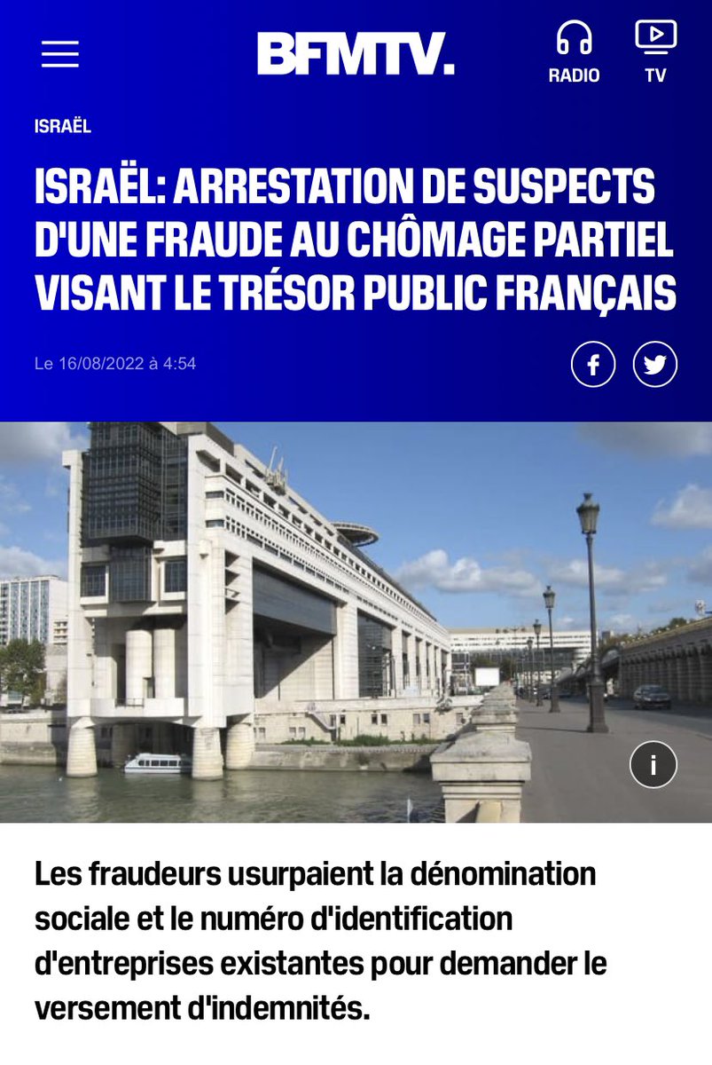 BMoon_bee's tweet image. “L’organisation criminelle basée en Israël est à l'origine de plus de 7000 fausses demandes d'indemnisation au chômage partiel pour un préjudice total pour l'État français avoisinant les 11 millions d'euros.” 

bfmtv.com/international/…