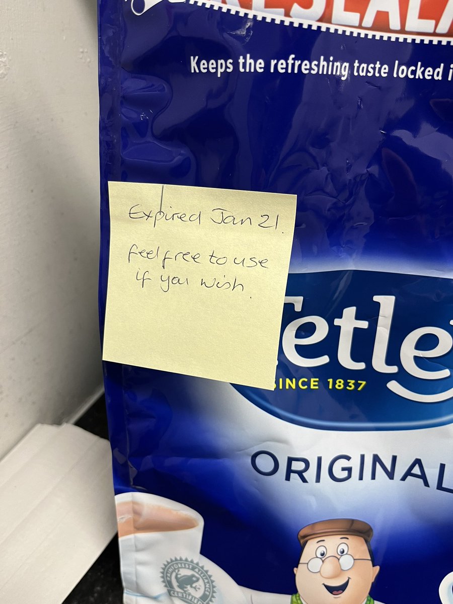 Subchimp's tweet photo. Expired office teabags. Would you? https://t.co/eLEoP7y9ww