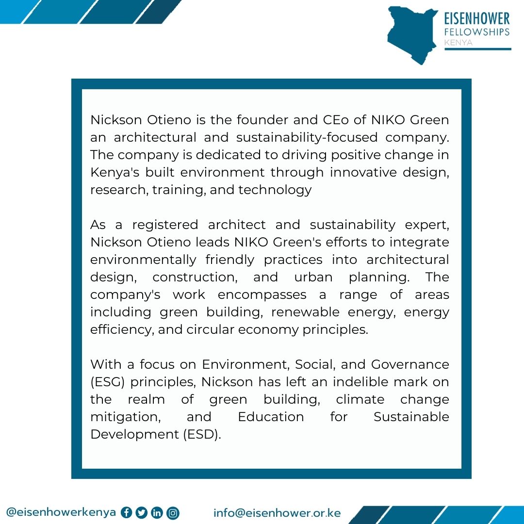 EisenhowerKenya's tweet photo. Today, we highlight the work of Eisenhower Fellow, @nicksonotieno, founder of @nikogreenKE

From reshaping Kenya's architectural landscape to pioneering sustainable solutions, Nickson is leading the way towards a greener future.  

#FellowsFriday
 #EFjourney @EF_Fellows https://t.co/LUE4tTQUrl