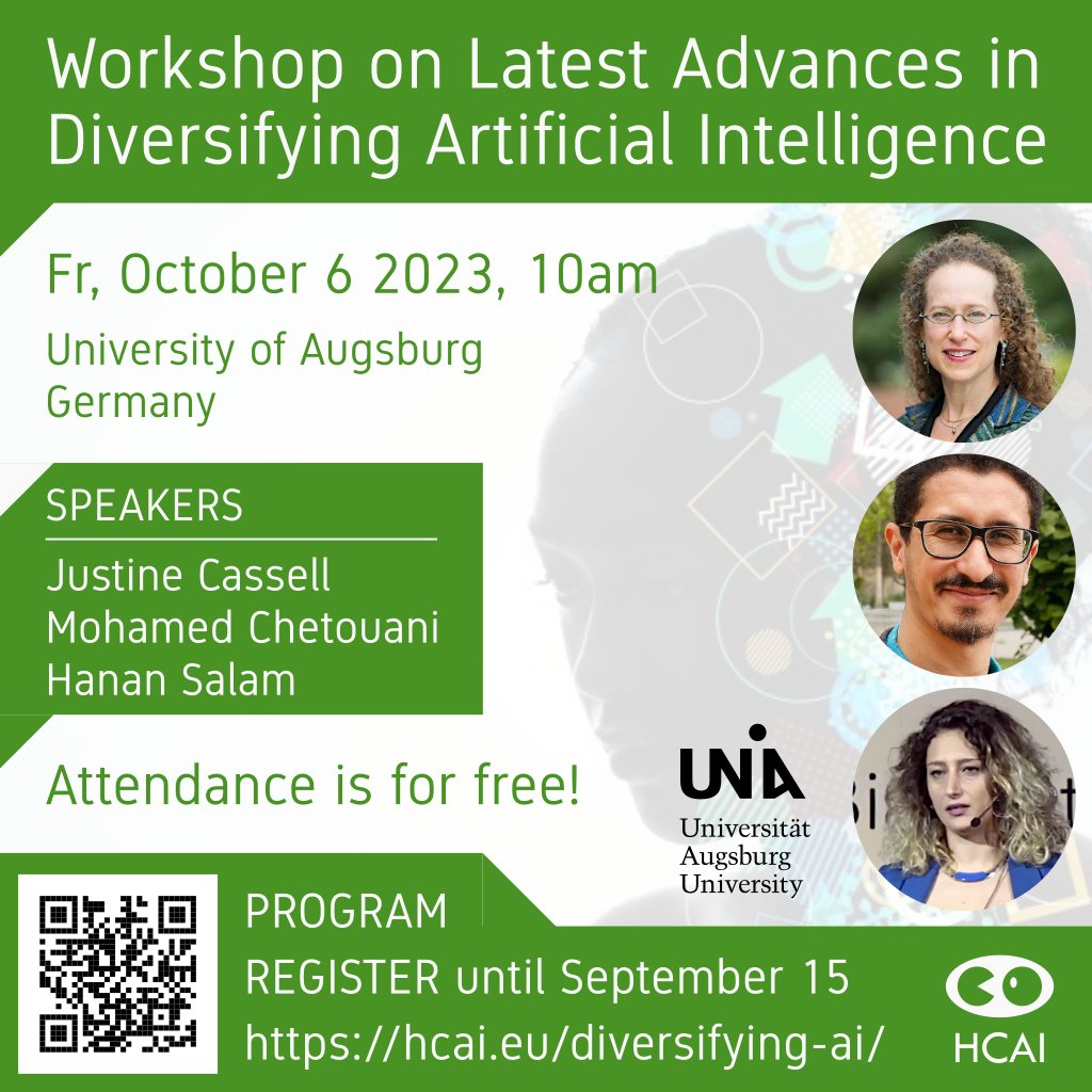 Interested in the topic of #latest advances in #diversifying #AI? We at the Chair of Human-Centered AI at University of Augsburg are pleased to bring to you a one day #workshop on this!   

📅: October 6 2023, 10am 
📌: University of Augsburg, Germany  

hcai.eu/diversifying-a…