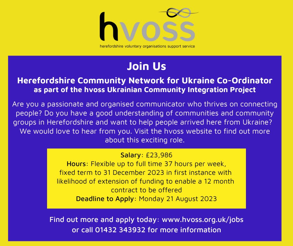 JOIN US - #jobvacancy Herefordshire Community Network for Ukraine Co-Ordinator - Flexible hours up to 37 per week. Apply with CV &amp; cover letter, voice note or video. D/line 21 Aug

MORE INFO: hvoss.org.uk/jobs.aspx