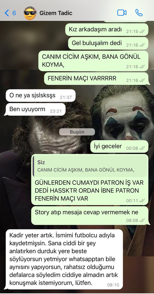 UltrasTurkish's tweet photo. Bir Fenerbahçe taraftarının sevgilisiyle olan WP konuşmaları. Gizem Tadic biraz abartmış sanki.. https://t.co/2hRA7hydog