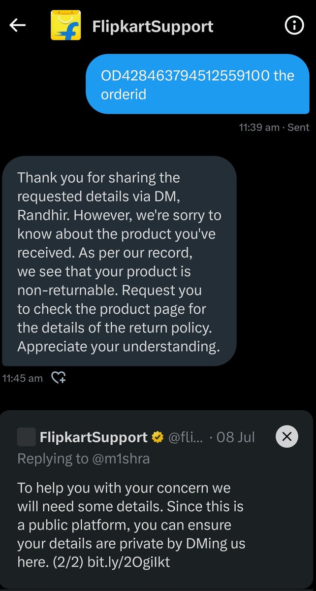 m1shra's tweet photo. @flipkartsupport @Flipkart the joke continues! Another example of ensuring an outcome if you are engaging with your customer. Giving a standard response that had already been shared earlier makes your attempt give negative impact, you are better off apologising and moving on... https://t.co/Z9p7iLmn2y