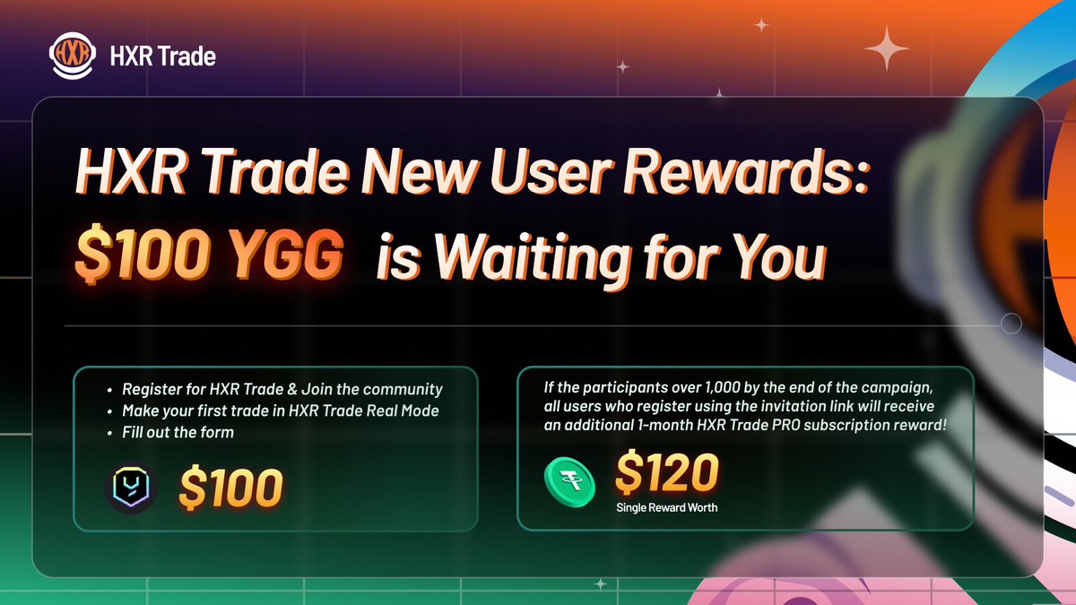 BitChatAI's tweet photo. 🎉HXR Trade New User Rewards: $100 YGG is Waiting for You🎉

📅Duration: August 11th - August 17th

Finish the tasks only on TaskOn: https://t.co/WY92KI7m6H
1️⃣Join the HXR Trade community
2️⃣Register for HXR Trade
3️⃣Make your first trade in HXR Trade Real Mode
4️⃣Fill out the form: https://t.co/6ebPRHUSno
