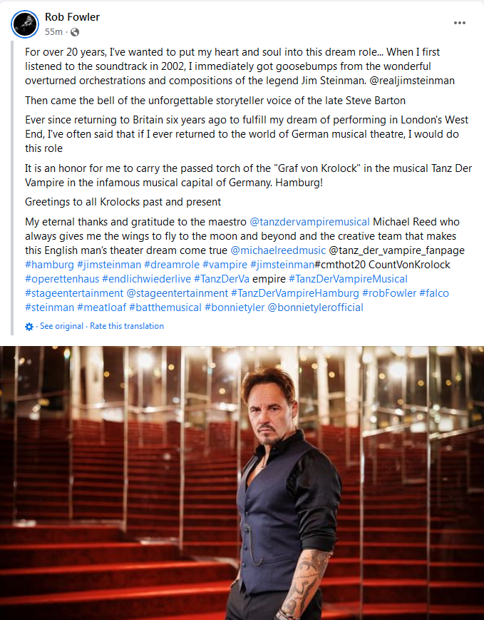 Breaking news! <a href="/RealRobFowler/">R O B • F O W L E R</a> has announced he'll be playing Graf von Krolock in the Hamburg production of Tanz Der Vampire! (text autotranslated by Facebook, originally in German)
