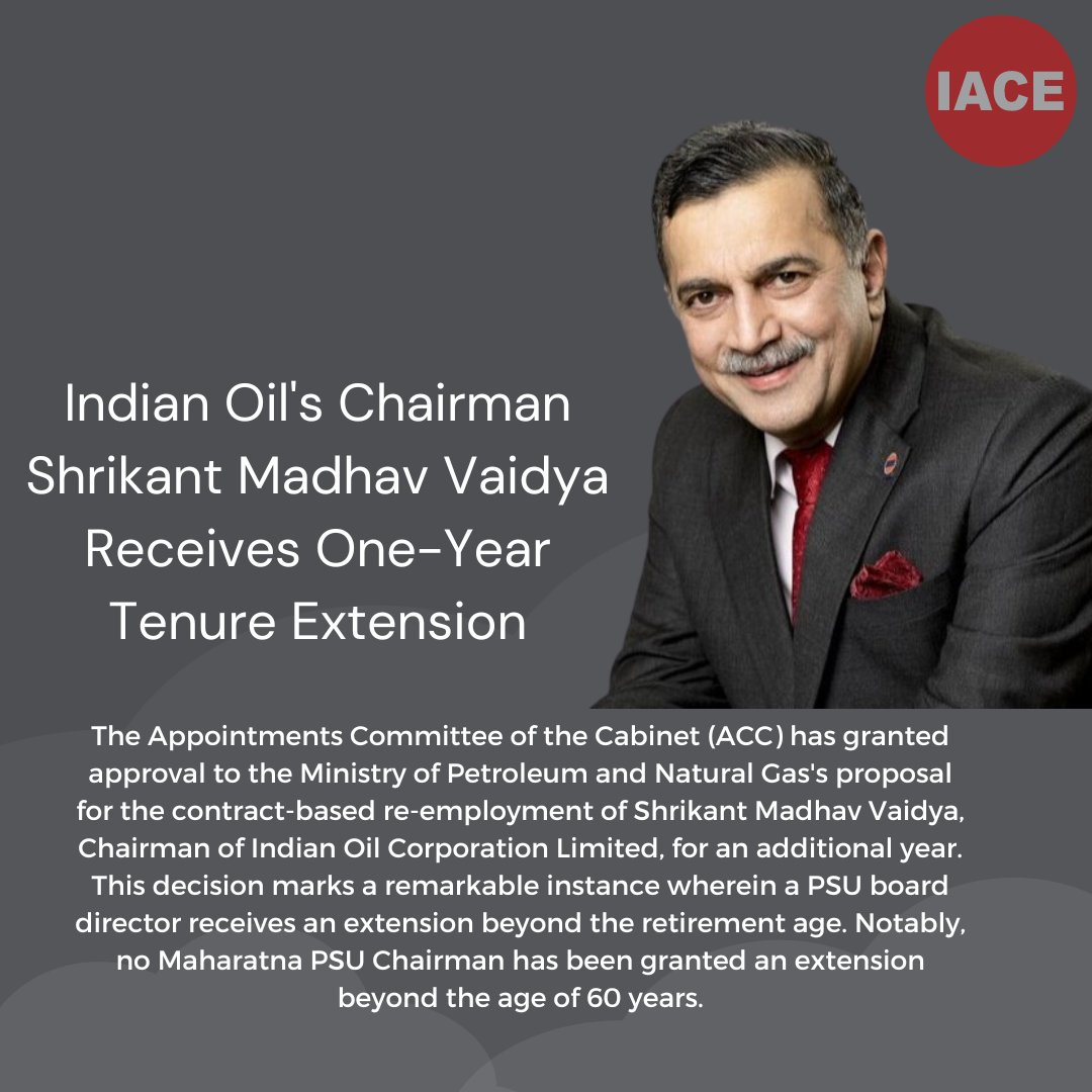 Hyd_IACE's tweet photo. Indian Oil's Chairman, Shrikant Madhav Vaidya, Receives Well-Deserved Tenure Extension.🛢️ #LeadershipContinues #IndianOil #ChairmanShrikantMadhavVaidya #TenureExtension #OilAndGasIndustry #iace #dailycurrentaffairs #currentaffairs #iacecurrentaffairs #currentaffairs2023 #rrb https://t.co/hrHJ01nH7A