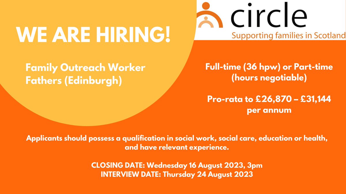 CircleScot's tweet photo. 📣#JobOpportunity! We're on the lookout for a dedicated Family Outreach Worker with a specific focus on supporting fathers.
Apply today on our website: https://t.co/FbWps1EQTB
#Hiring #FatherSupport #SocialServices #FamilyOutreach #EmpoweringFathers https://t.co/HH6yNjO6u1